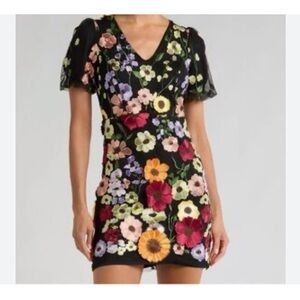 Adelyn Rae Black Dress with Purple and Green Floral Embroidery